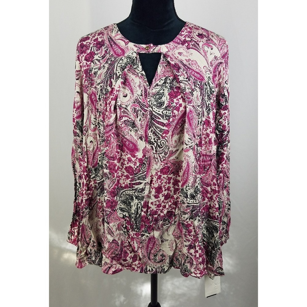 Style&Co. women M purple long sleeve peasant blouse front key hole cottagecore
